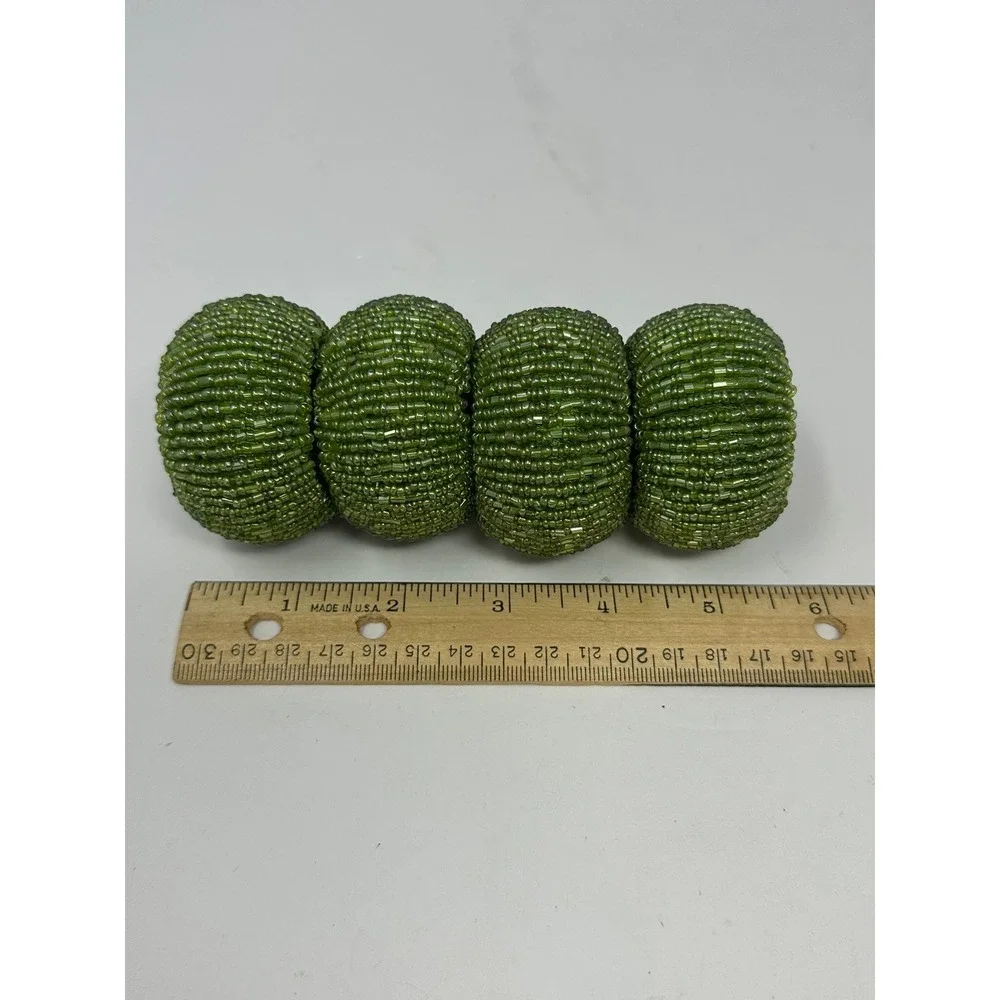 Green Beaded Napkin Rings Set of 4 Round Seed Bead Table Decor Olive Moss